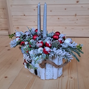 Aranjament Craciun cu doua lumanari, in ghiveci rustic din lemn , 3611 - accesorii de crăciun - decorațiuni de crăciun de casă - aranjarea mesei festive - Artynos.ro