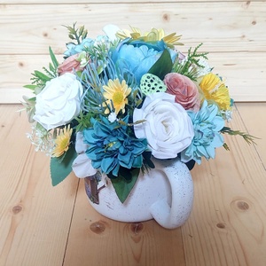 Aranjament floral galben turcoaz in cana ceramica - casă & stil de viață - accesorii pentru decorat casa - suport de flori - cutii flori - Artynos.ro