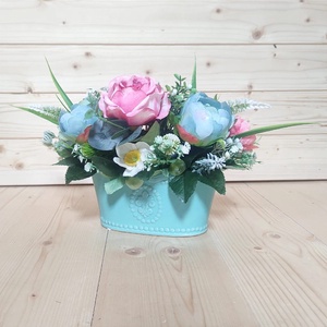 Aranjament floral roz bleu in vas ceramic turcoaz - casă & stil de viață - accesorii pentru decorat casa - suport de flori - cutii flori - Artynos.ro