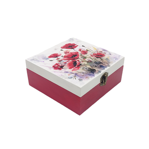 Cutie lemn cu maci rosii, decorata manual, unicat - casă & stil de viață - accesorii pentru decorat casa - decorațiuni de masă și decorațiuni pentru rafturi  - cutii decor, cutii de suveniruri - Artynos.ro