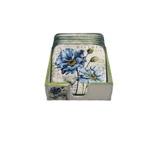 Set 6 suporti pentru pahare, model cu maci albastri, in cutie din lemn , Casă & Stil de viață, Accesorii pentru echipamente de bucătărie, Accesorii de servire, Suporturi pahare, Decoupage, transfer și tehnici șervețel, ARTYNOS