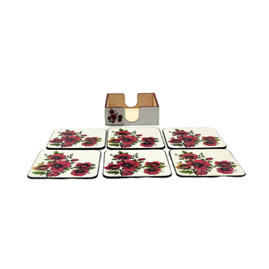 Set sase suporti pahare din mdf de 9 x 9 cm, design alb cu maci rosii si cutie depozitare de 10 x10 x 3,5 cm , Casă & Stil de viață, Accesorii pentru echipamente de bucătărie, Accesorii de servire, Suporturi pahare, Decoupage, transfer și tehnici șervețel, ARTYNOS