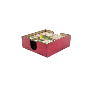 Set sase suporti pahare din mdf de 9 x 9 cm, design vintage cu pasari si cutie depozitare, Casă & Stil de viață, Accesorii pentru echipamente de bucătărie, Accesorii de servire, Suporturi pahare, Decoupage, transfer și tehnici șervețel, ARTYNOS
