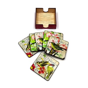 Set sase suporti pahare din mdf de 9 x 9 cm, design vintage cu pasari si cutie depozitare - casă & stil de viață - accesorii pentru echipamente de bucătărie - accesorii de servire - suporturi pahare - Artynos.ro