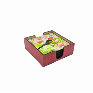 Set sase suporti pahare din mdf de 9 x 9 cm, design vintage cu pasari si cutie depozitare - casă & stil de viață - accesorii pentru echipamente de bucătărie - accesorii de servire - suporturi pahare - Artynos.ro