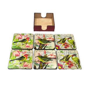 Set sase suporti pahare din mdf de 9 x 9 cm, design vintage cu pasari si cutie depozitare - casă & stil de viață - accesorii pentru echipamente de bucătărie - accesorii de servire - suporturi pahare - Artynos.ro