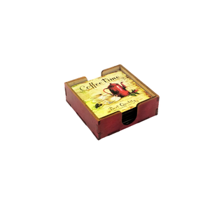 Set sase suporti pahare din mdf de 9 x 9 cm, design vintage cu inscriptia Coffee time si cutie depozitare, Casă & Stil de viață, Accesorii pentru echipamente de bucătărie, Accesorii de servire, Suporturi pahare, Decoupage, transfer și tehnici șervețel, ARTYNOS