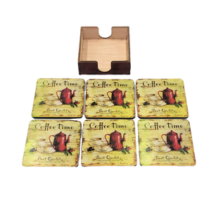 Set sase suporti pahare din mdf de 9 x 9 cm, design vintage cu inscriptia Coffee time si cutie depozitare - casă & stil de viață - accesorii pentru echipamente de bucătărie - accesorii de servire - suporturi pahare - Artynos.ro