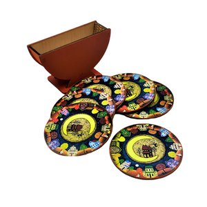 Set 6 suporti rotunzi de pahare de 9 cm si cutie de depozitare, maro, orasel de poveste de Halloween - Artynos.ro