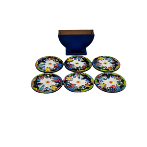 Set 6 suporti rotunzi de pahare de 9 cm si cutie de depozitare, albastru, orasel de poveste albastru - casă & stil de viață - accesorii pentru echipamente de bucătărie - accesorii de servire - suporturi pahare - Artynos.ro