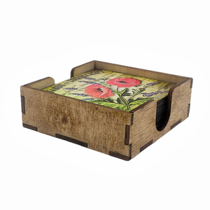 Set sase suporti pahare din mdf de 9 x 9 cm, cu cutie, design vintage cu lavanda si maci - casă & stil de viață - accesorii pentru echipamente de bucătărie - accesorii de servire - suporturi pahare - Artynos.ro