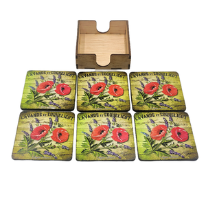 Set sase suporti pahare din mdf de 9 x 9 cm, cu cutie, design vintage cu lavanda si maci - casă & stil de viață - accesorii pentru echipamente de bucătărie - accesorii de servire - suporturi pahare - Artynos.ro