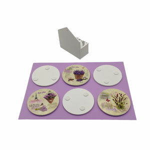 Set 6 suporti rotunzi de pahare din lemn de 9,8 cm diametru si cutie depozitare Home, Lavender Provence - casă & stil de viață - accesorii pentru echipamente de bucătărie - accesorii de servire - suporturi pahare - Artynos.ro