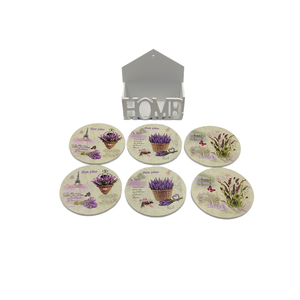 Set 6 suporti rotunzi de pahare din lemn de 9,8 cm diametru si cutie depozitare Home, Lavender Provence - casă & stil de viață - accesorii pentru echipamente de bucătărie - accesorii de servire - suporturi pahare - Artynos.ro