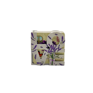 Set 6 suporti patrati de pahare de 10 cm, din lemn, modele diferite cu lavanda , culoare crem mov, cu cutie de depozitar, Casă & Stil de viață, Accesorii pentru echipamente de bucătărie, Accesorii de servire, Suporturi pahare, Decoupage, transfer și tehnici șervețel, ARTYNOS
