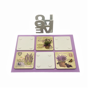 Set 6 suporti patrati de pahare de 10 cm, din lemn, modele diferite cu lavanda , culoare crem mov, cu cutie de depozitar - casă & stil de viață - accesorii pentru echipamente de bucătărie - accesorii de servire - suporturi pahare - Artynos.ro