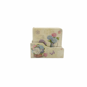 Set sase suporti patrati de pahare din lemn de 10 cm cu cutie de depozitare, desene cu hortensii, multicolori - casă & stil de viață - accesorii pentru echipamente de bucătărie - accesorii de servire - suporturi pahare - Artynos.ro
