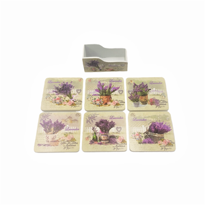 Set sase suporti patrati de pahare de 10 cm, din lemn, cu cutie de depozitare, bej mov roz verde, modele diferite cu lav, Casă & Stil de viață, Accesorii pentru echipamente de bucătărie, Accesorii de servire, Suporturi pahare, Decoupage, transfer și tehnici șervețel, ARTYNOS