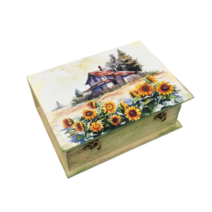 Cutie lemn tip carte, floarea soarelui si casa, decorata si vopsita manual, unicat - casă & stil de viață - materiale de depozitare și sortare - cutie depozitare - Artynos.ro