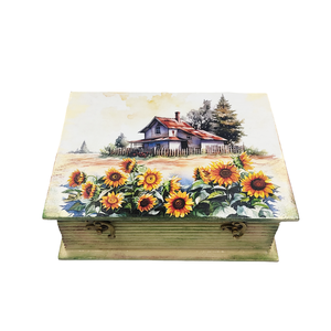 Cutie lemn tip carte, floarea soarelui si casa, decorata si vopsita manual, unicat, Casă & Stil de viață, Materiale de depozitare și sortare, Cutie depozitare, Decoupage, transfer și tehnici șervețel, Obiecte pictate, ARTYNOS