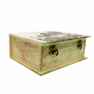 Cutie lemn tip carte, floarea soarelui si casa, decorata si vopsita manual, unicat - casă & stil de viață - materiale de depozitare și sortare - cutie depozitare - Artynos.ro