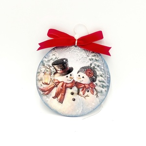 Glob lemn pentru Craciun cu oameni de zapada el si ea, Accesorii de Crăciun, Decorațiuni de Crăciun de casă, Decorațiuni pentru pomul de Crăciun, Decoupage, transfer și tehnici șervețel, Obiecte pictate, ARTYNOS
