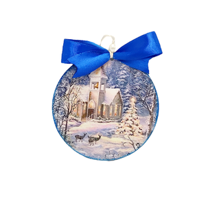 Glob lemn pentru Craciun cu peisaj iarna cu caprioare 8, Accesorii de Crăciun, Decorațiuni de Crăciun de casă, Decorațiuni pentru pomul de Crăciun, Decoupage, transfer și tehnici șervețel, Obiecte pictate, ARTYNOS