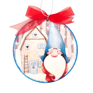 Glob lemn Craciun, gnom in fata casei, Accesorii de Crăciun, Decorațiuni de Crăciun de casă, Decorațiuni pentru pomul de Crăciun, Decoupage, transfer și tehnici șervețel, Obiecte pictate, ARTYNOS