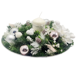 Aranjament  pentru sarbatorile de iarna, alb verde, pe platou rotund argintiu, 35 cm - Artynos.ro