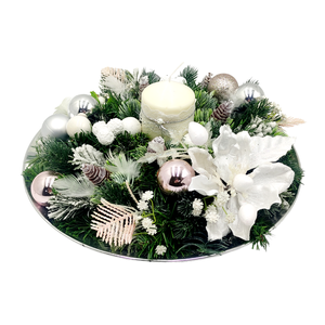 Aranjament  pentru sarbatorile de iarna, alb verde, pe platou rotund argintiu, 35 cm - accesorii de crăciun - decorațiuni de advent - decor de masa advent - Artynos.ro
