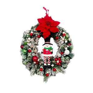 Coronita  pentru Craciun cu om de zapada din pasta ceramica si floarea Craciunului rosie, 27 x 34   3588   - accesorii de crăciun - decorațiuni de advent - coroniță advent - Artynos.ro