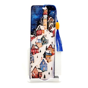 Semn de carte, peisaj de iarnă și casute colorate, Cărți și creații cu tematică muzicală, cadouri, Semn de carte, Decoupage, transfer și tehnici șervețel, Obiecte pictate, ARTYNOS