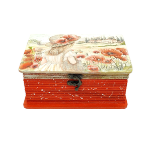 Cutie lemn tip carte, unicat, fetita cu palarie si maci, 4495 - bijuterii - suporturi bijuterii și cutie bijuterii - cutii de bijuterii - Artynos.ro