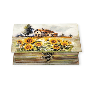 Cutie lemn tip carte, unicat, casa langa camp cu floarea soarelui, 4496 - Artynos.ro
