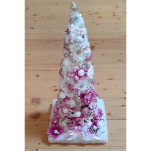 Brad alb roz de Craciun, realizat manual, 4539 - crăciun - decorațiuni de crăciun de casă - pom de crăciun  - Artynos.ro