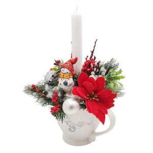 Aranjament cu lumanare si omulet de zapada in ceasca, 4562 - crăciun - decorațiuni de advent - decor pentru masa de advent - Artynos.ro