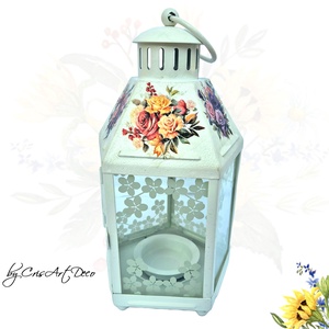 Felinar decorativ alb din metal cu model trandafiri - 115541, Casă & Stil de viață, Lumânări, parfumuri, arome, Lumânări și sfeșnice, Decoupage, transfer și tehnici șervețel, ARTYNOS