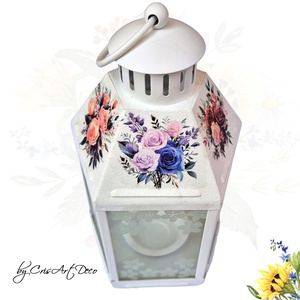 Felinar decorativ alb din metal cu model trandafiri - 115541 - casă & stil de viață - lumânări, parfumuri, arome - lumânări și sfeșnice - Artynos.ro