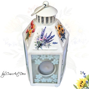 Felinar decorativ alb din metal cu model buchete de flori romantic - 120007, Casă & Stil de viață, Lumânări, parfumuri, arome, Suport lumânări, Decoupage, transfer și tehnici șervețel, ARTYNOS