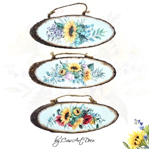 Set de tablouri pe felii de lemn cu buchete de floarea soarelui, maci, bujori, lavanda 131137 - Artynos.ro