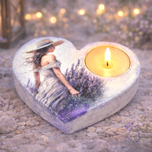Suport lumanare handmade din ipsos � inima decorata cu fata cu palarie si lavanda (115958), Casa & Stil de viata, Lumanari, parfumuri, arome, Suport de lumanari, Decoupage, transfer si tehnici servetel, Pictura, ARTYNOS