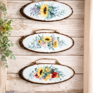 Set de tablouri pe felii de lemn cu buchete de floarea soarelui, maci, bujori, lavanda 131137, Casa & Stil de viata, Decoratiuni de casa, Decoratiuni de pereti, Decoratiuni suspendate, Decoupage, transfer si tehnici servetel, ARTYNOS