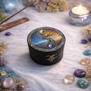 Cutie rotunda din lemn cu simbol Yin Yang si Copacul vietii 234500, Bijuterii, Suporturi si cutii de bijuterii, Cutii de bijuterii, Decoupage, transfer si tehnici servetel, ARTYNOS