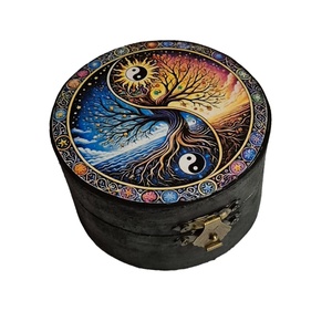 Cutie rotundă din lemn cu simbol Yin Yang si Copacul vietii 234500 - bijuterii - suporturi și cutii de bijuterii - cutii de bijuterii - Artynos.ro
