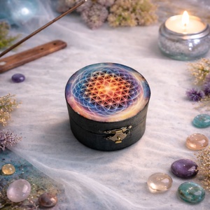 Cutie rotunda din lemn cu simbol Floarea vietii 234700, Bijuterii, Suporturi si cutii de bijuterii, Cutii de bijuterii, Decoupage, transfer si tehnici servetel, ARTYNOS