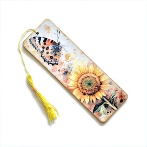 Semn de carte lemn cu fluture si floarea soarelui - 170520, Carti si creatii cu tematica muzicala, cadouri, Semn de carte, Decoupage, transfer si tehnici servetel, ARTYNOS