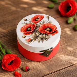 Cutie rotunda din lemn cu maci 230200, Bijuterii, Suporturi si cutii de bijuterii, Cutii de bijuterii, Decoupage, transfer si tehnici servetel, ARTYNOS