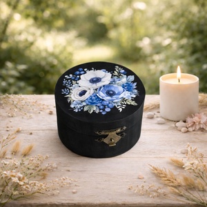 Cutie rotunda din lemn cu flori albastre � 202600, Bijuterii, Suporturi si cutii de bijuterii, Cutii de bijuterii, Decoupage, transfer si tehnici servetel, ARTYNOS