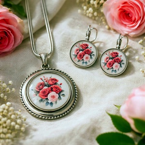 Set bijuterii colier si cercei cu trandafiri argintiu 200500, Bijuterii, Seturi de bijuterii, Confectionarea bijuteriilor, ARTYNOS