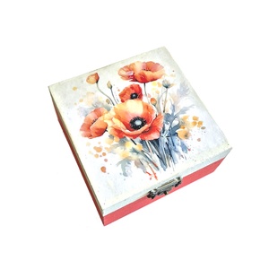 Cutie lemn patrata cu maci 103825, Bijuterii, Suporturi si cutii de bijuterii, Cutii de bijuterii, Decoupage, transfer si tehnici servetel, ARTYNOS